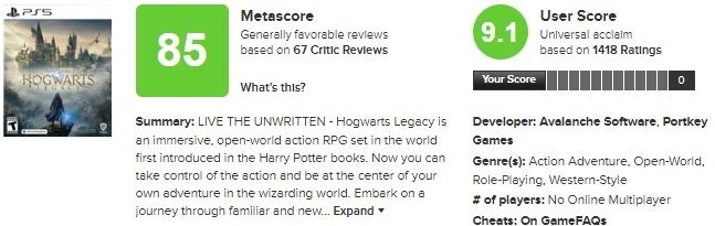 hogwarts legacy metacritic score