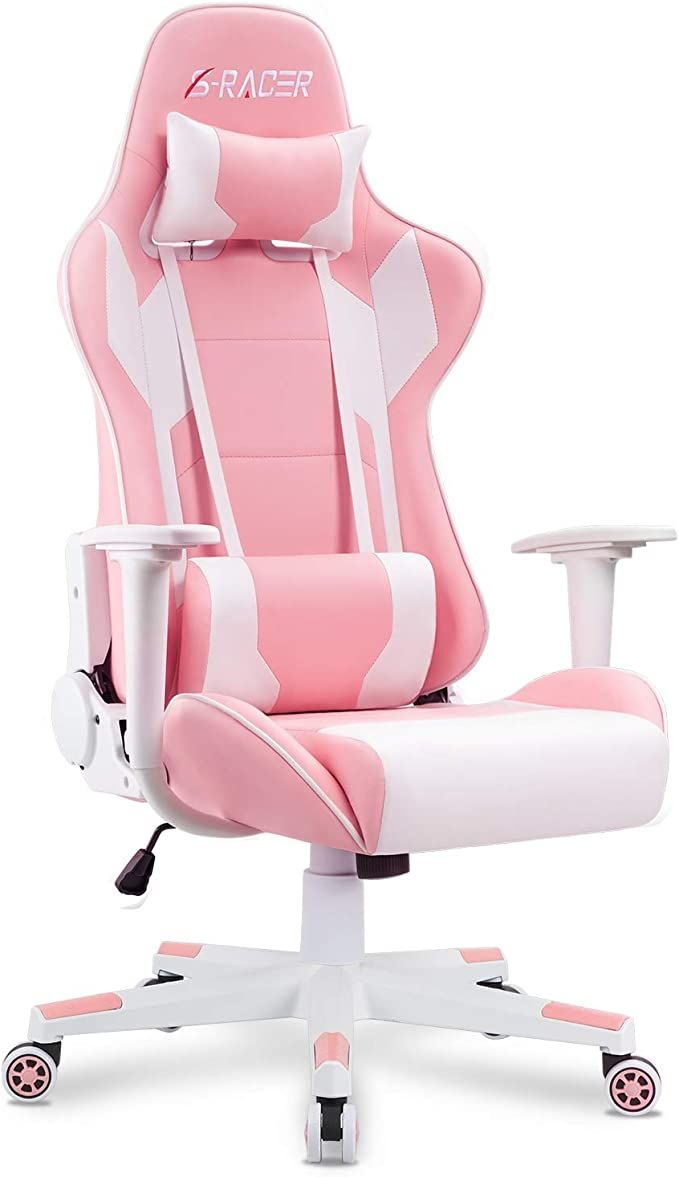 Homall Leather Gaming Chair with Headrest and Lumbar Support Pillow in Pink