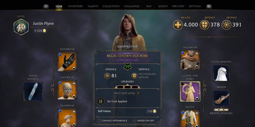 Raising the hood in Hogwarts Legacy in the Gear menu.