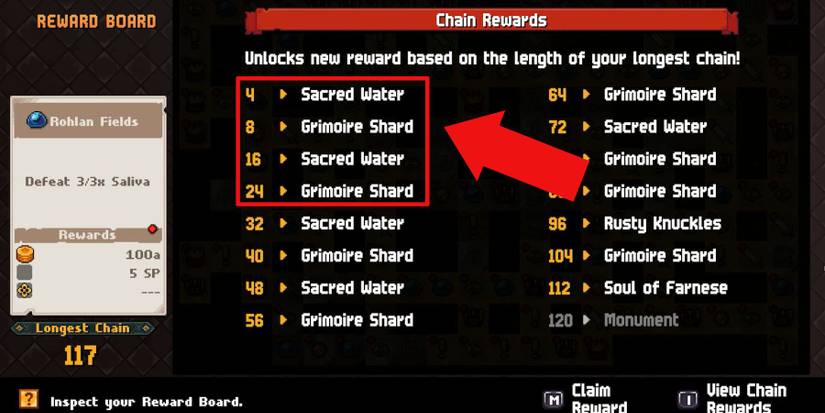 list of chained rewards in Chained Echoes for collecting sacred water.
