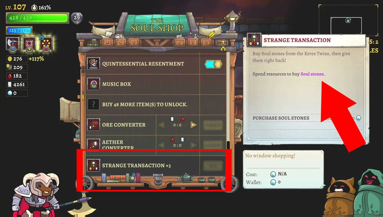 Image showing how to earn soul gems through trading in Rogue Legacy 2. 