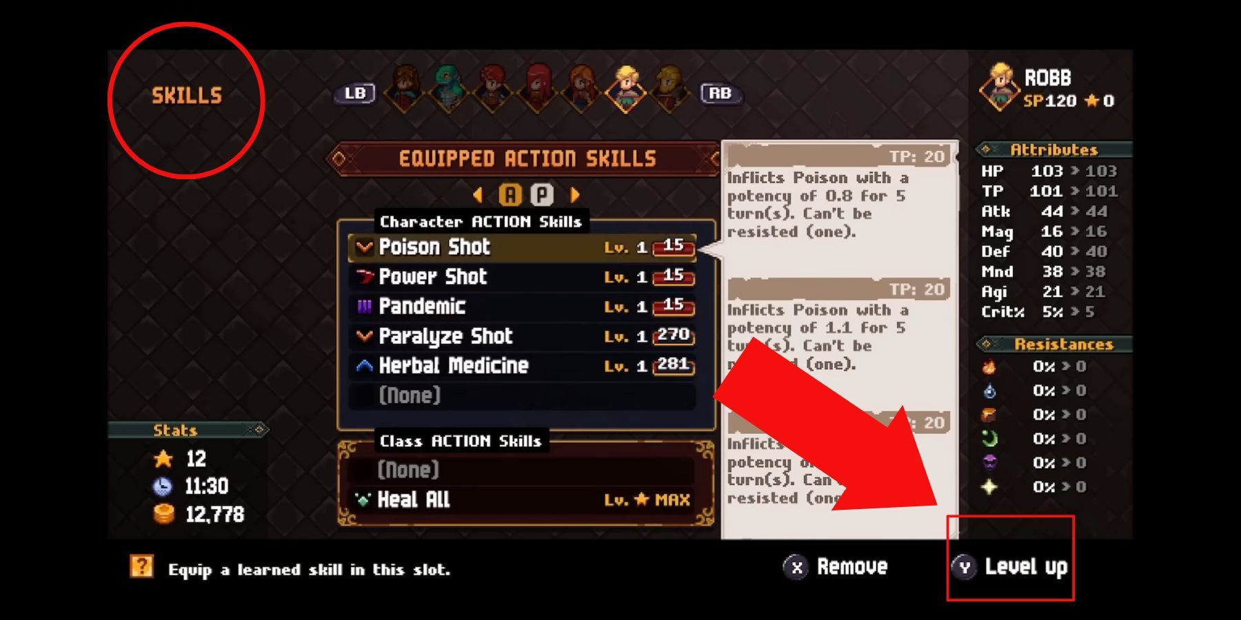 skill upgrade menu in chained echoes.