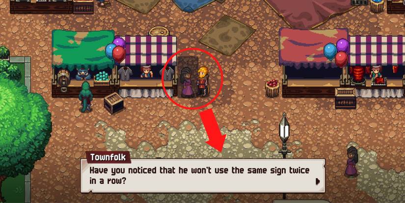 townsfolk sharing tips on how to beat the rock paper scissors game in chained echoes.