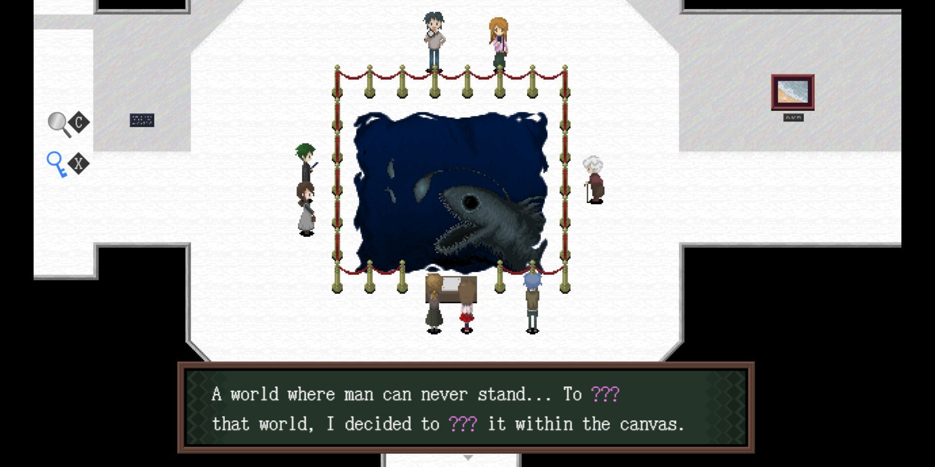 A screenshot from Ib text in museum with shark