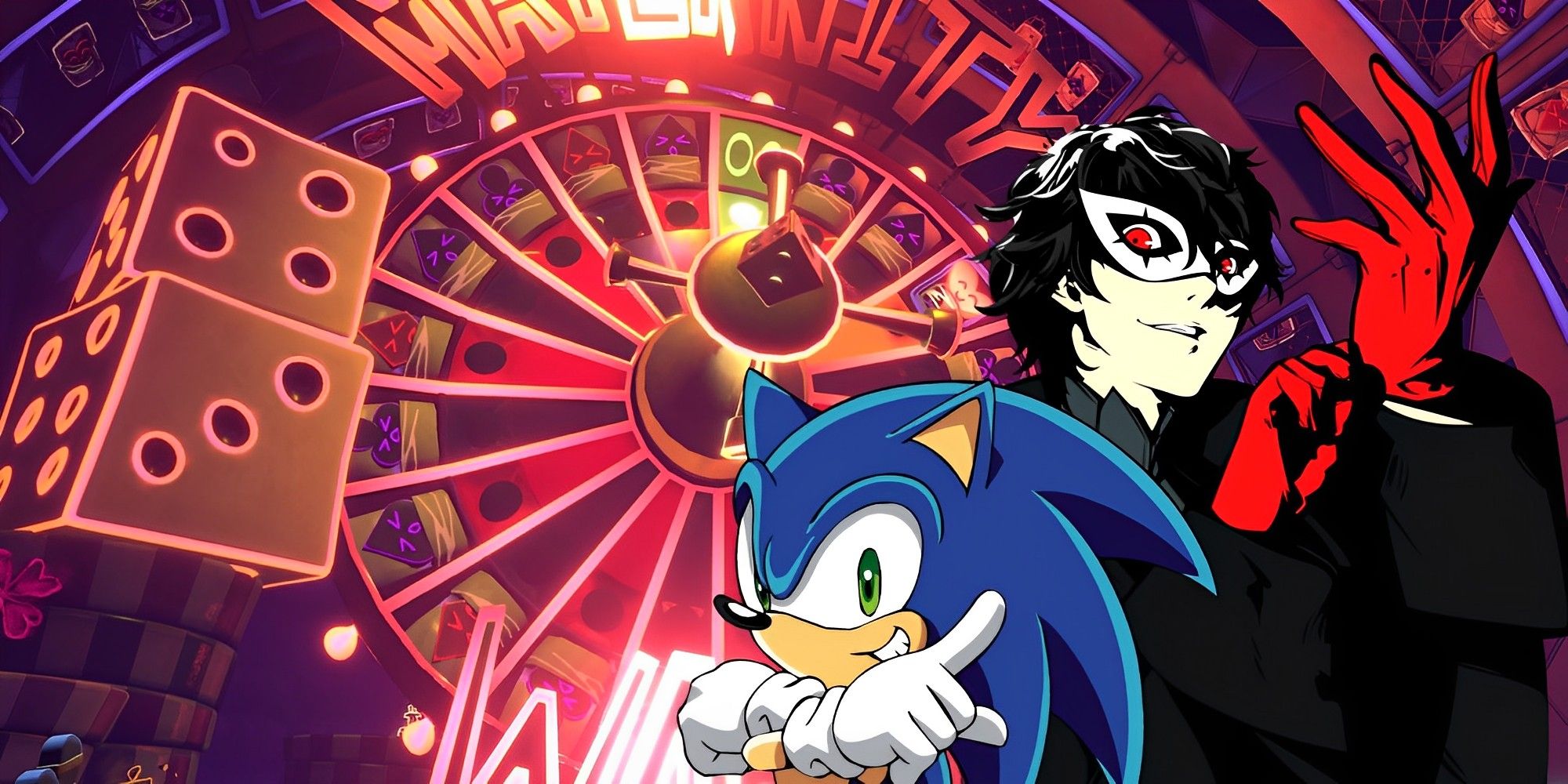 Sonic the Hedgehog and Joker from Persona 5 in front of a roulette wheel from Psychonauts 2