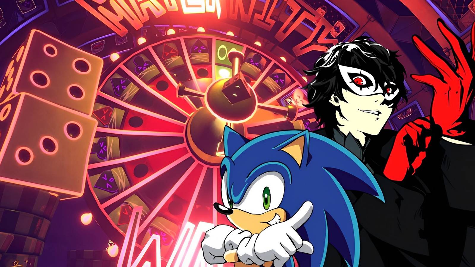 Sonic the Hedgehog and Joker from Persona 5 in front of a roulette wheel from Psychonauts 2
