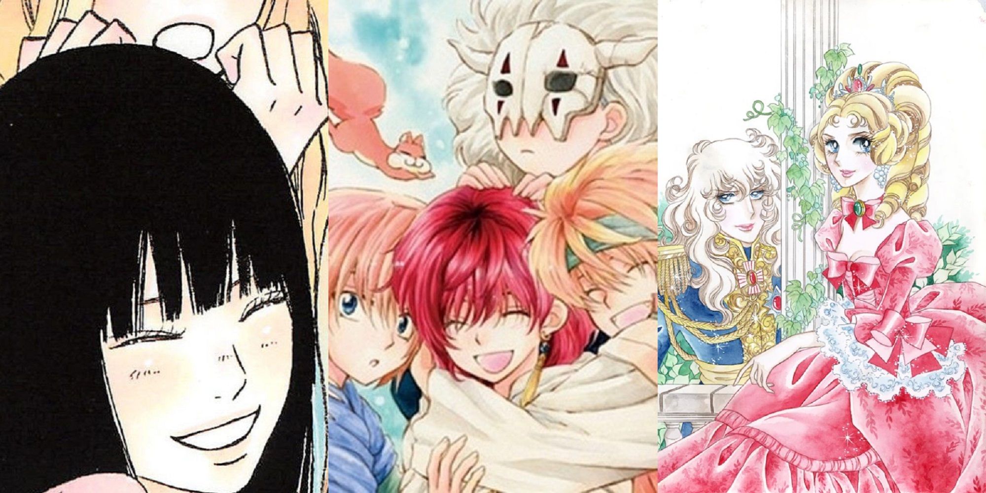 Split image of official artwork from Kimi ni Todoke, Yona of the Dawn, and The Rose of Versailles