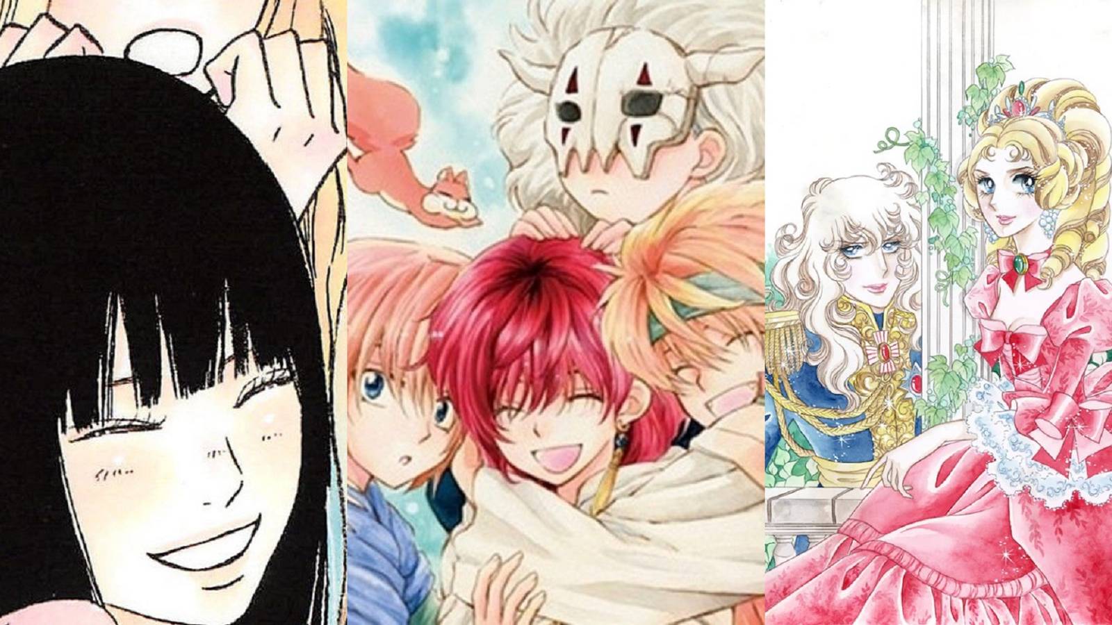 Split image of official artwork from Kimi ni Todoke, Yona of the Dawn, and The Rose of Versailles