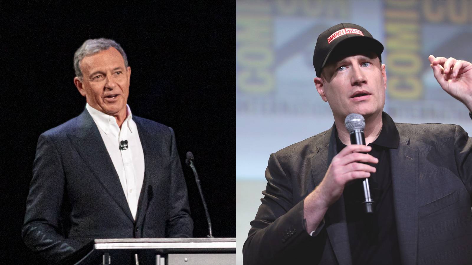 Disney's Bob Iger and Marvel's Kevin Feige speaking split image
