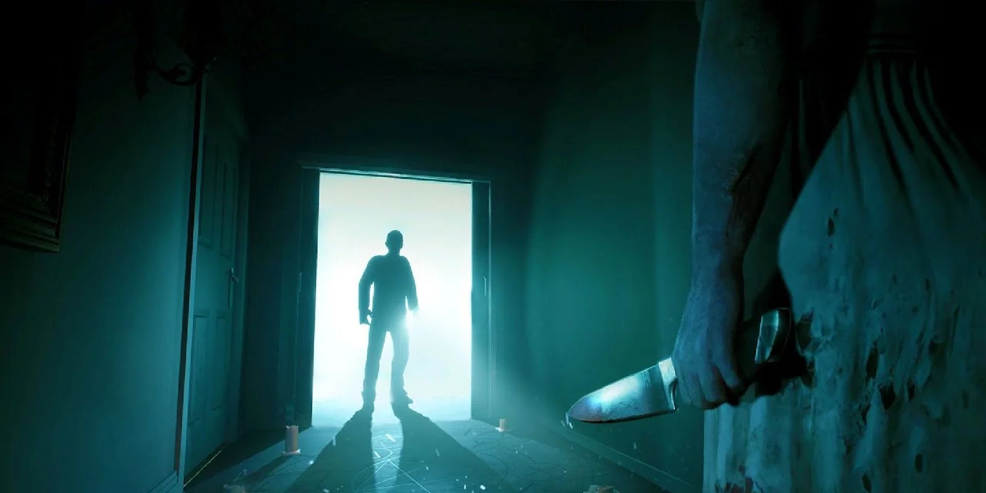 A woman holding a knife faces a silhouette in an open doorway.