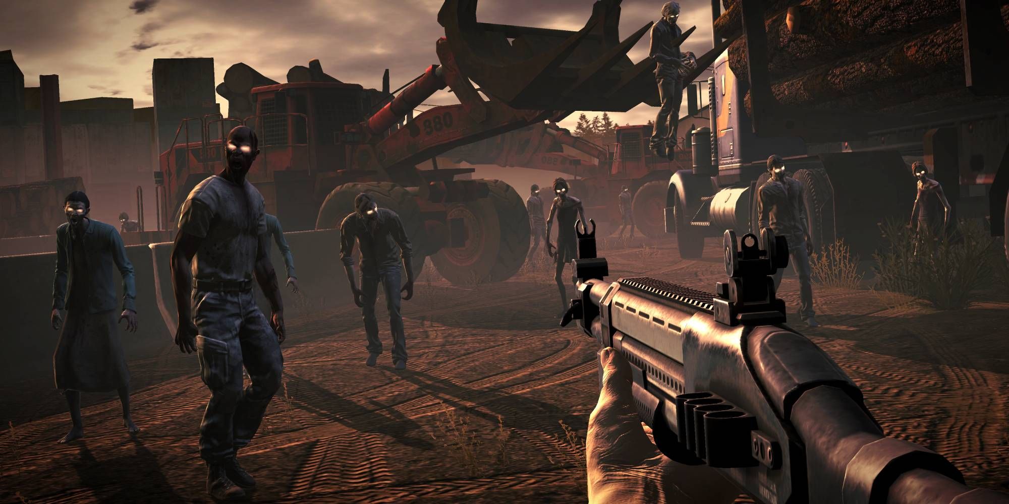 Zombies approaching a player holding up a gun