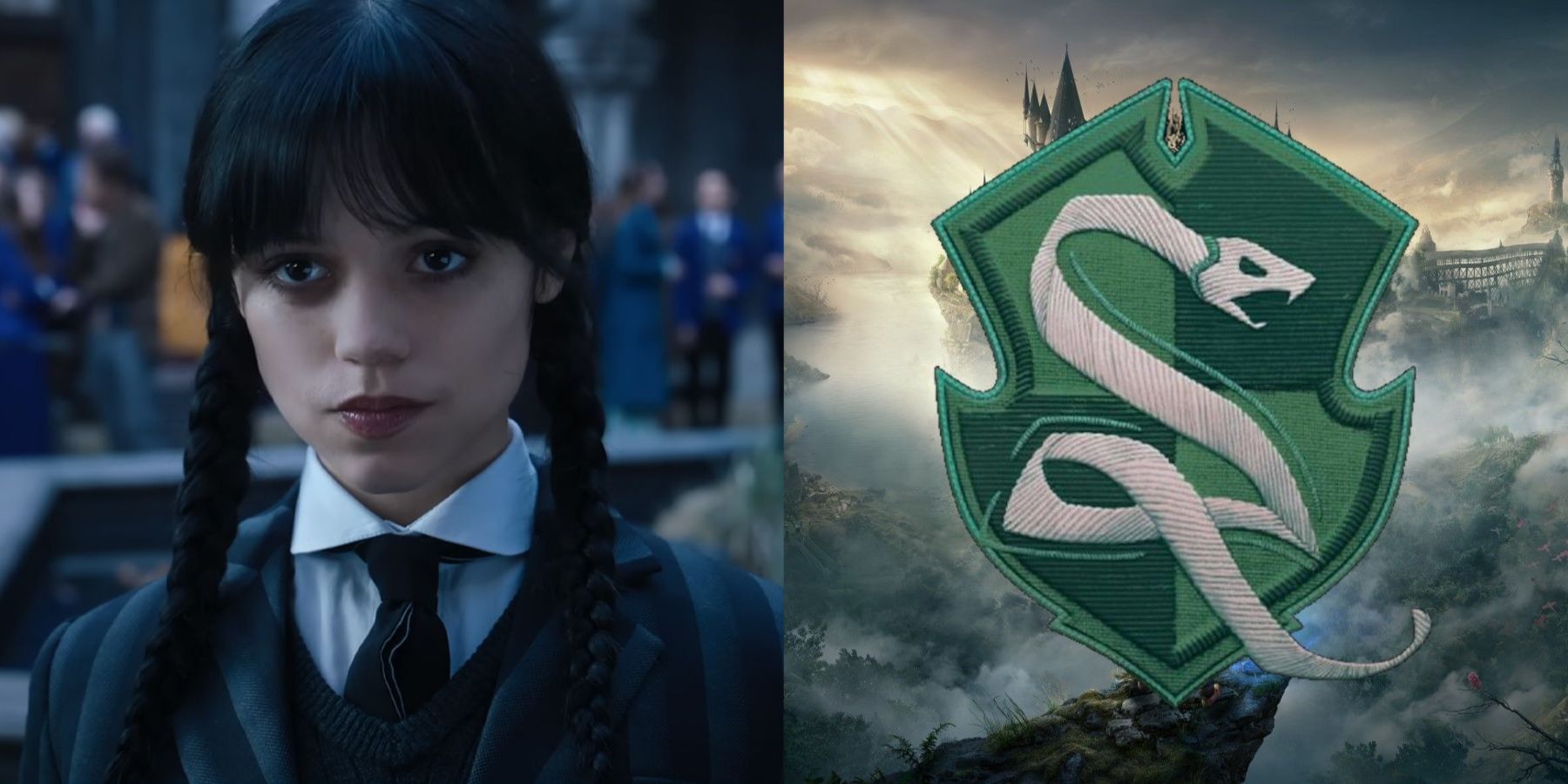 Jenna Ortega as Wednesday Addams in Netflix's Wednesday series and Slytherin house logo Hogwarts Legacy