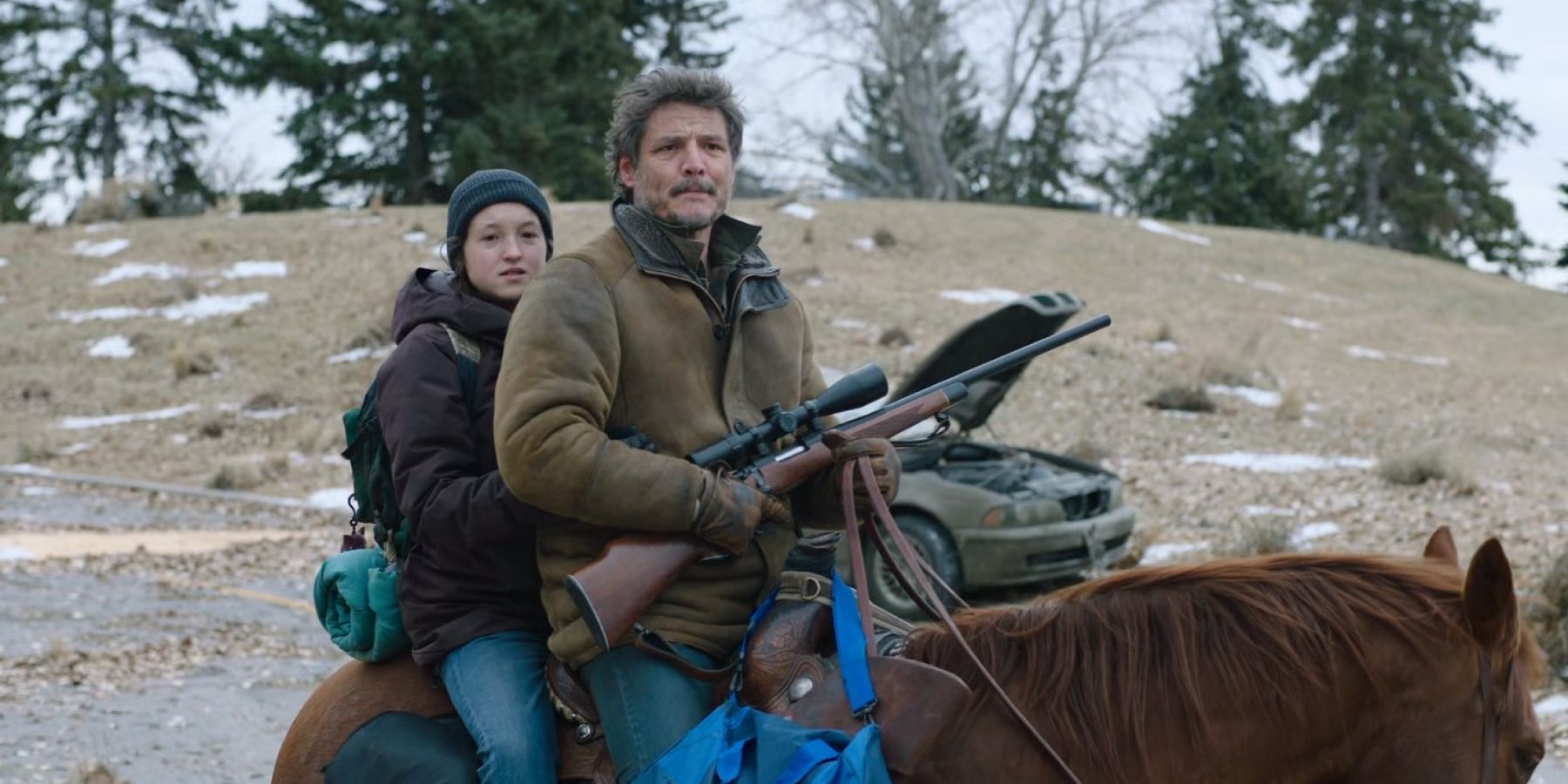 The Last of Us Pedro Pascal as Joel and Bellas Ramsey as Ellie riding horse HBO