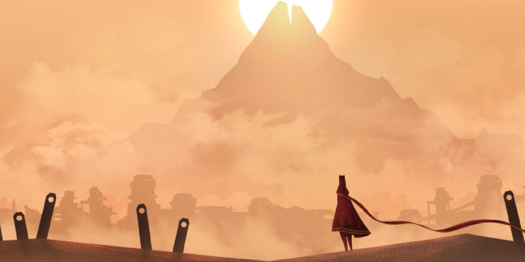 Journey - A Character In The Desert With The Sun Setting Behind A Mountain