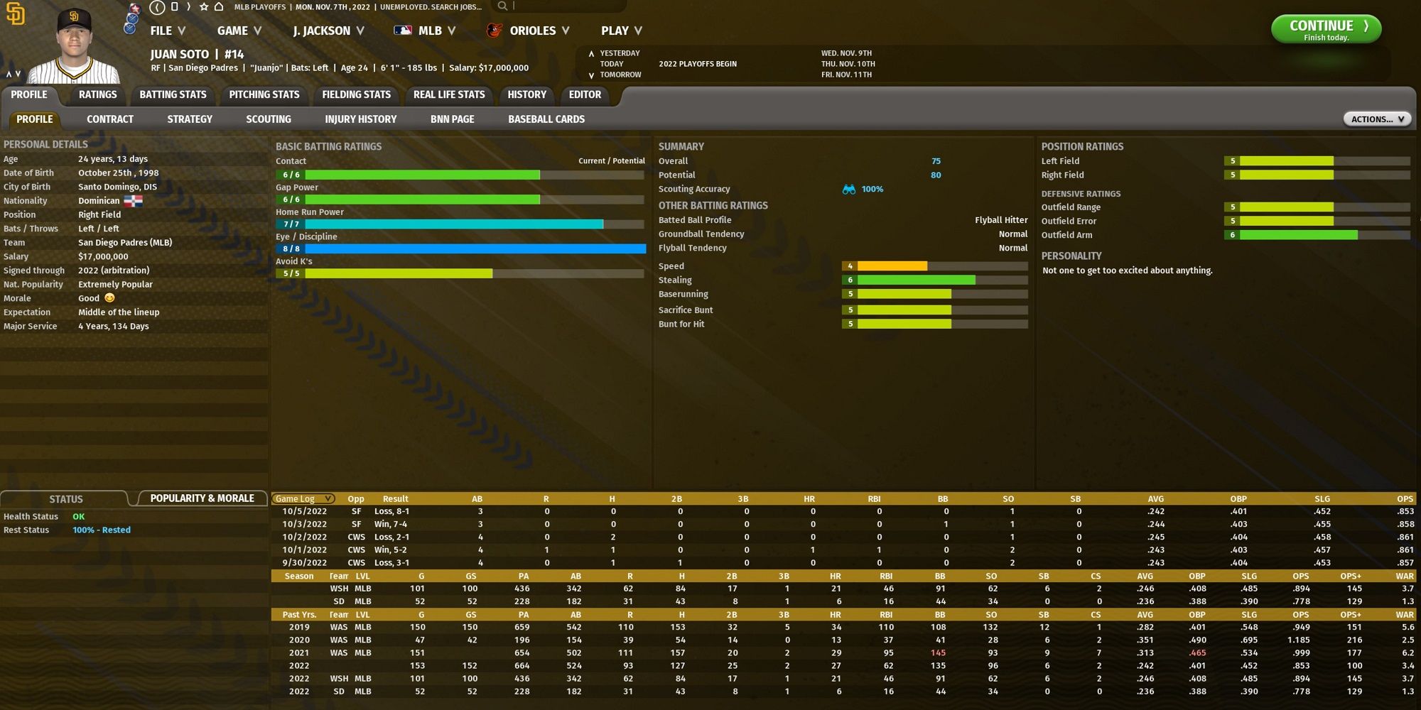 Player profile of Juan Soto in OOTP 23