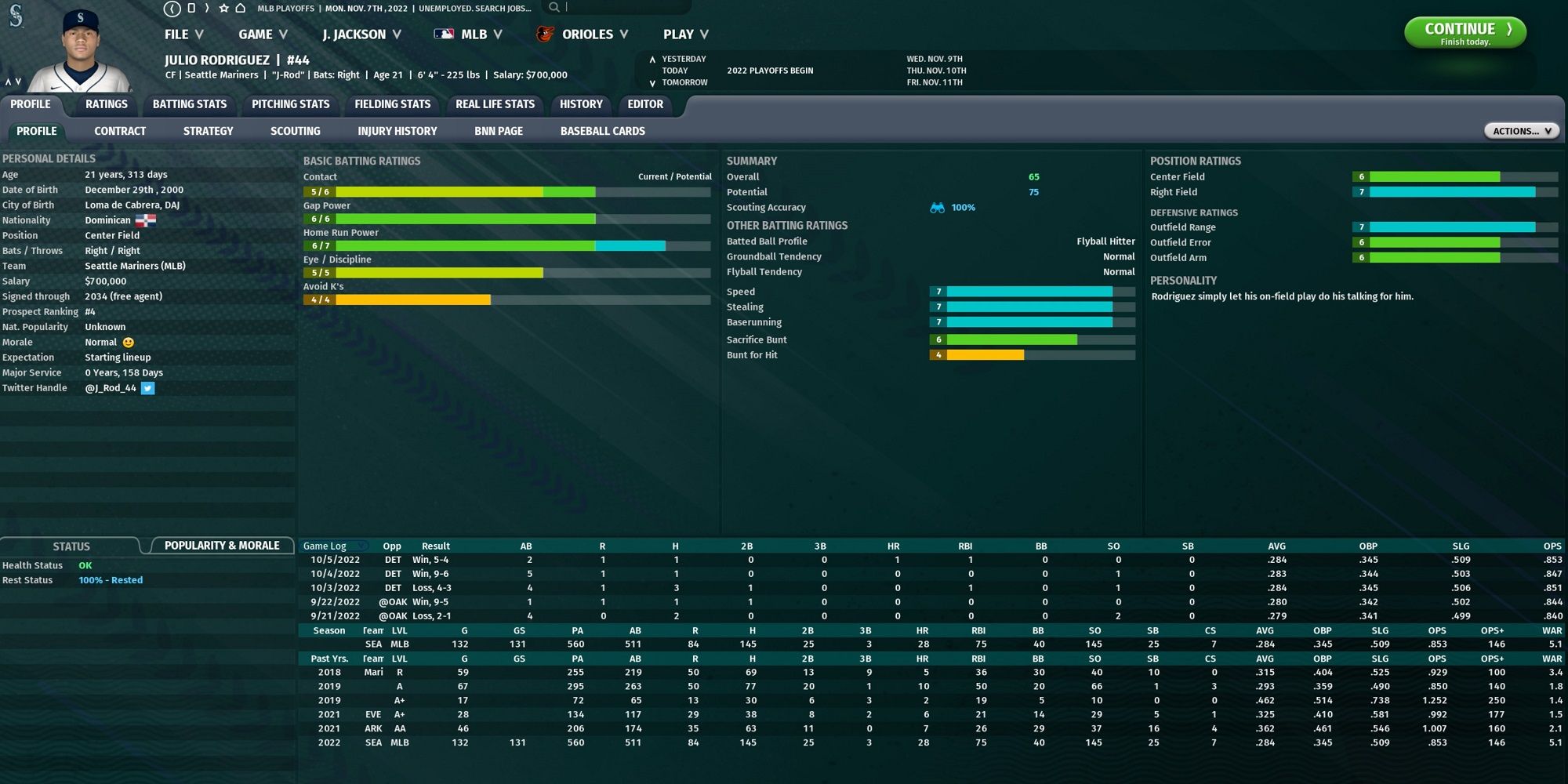 Player profile of Julio Rodriguez in OOTP 23