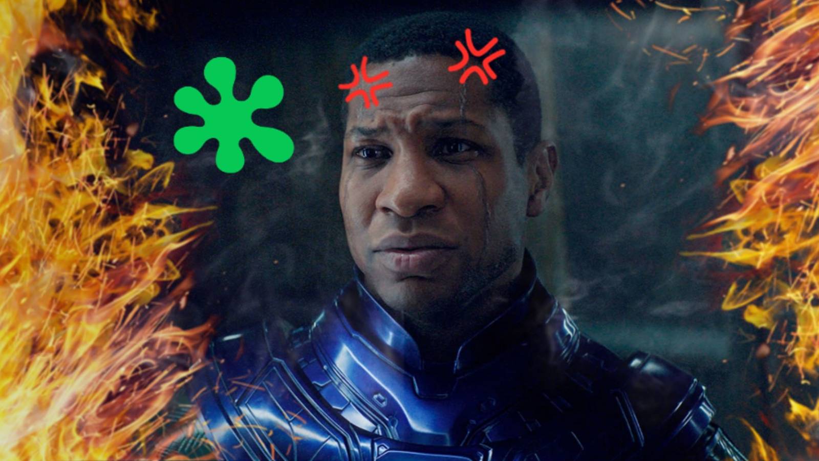 Ant-Man and the Wasp: Quantumania Kang the Conqueror with anime worry sign and flames