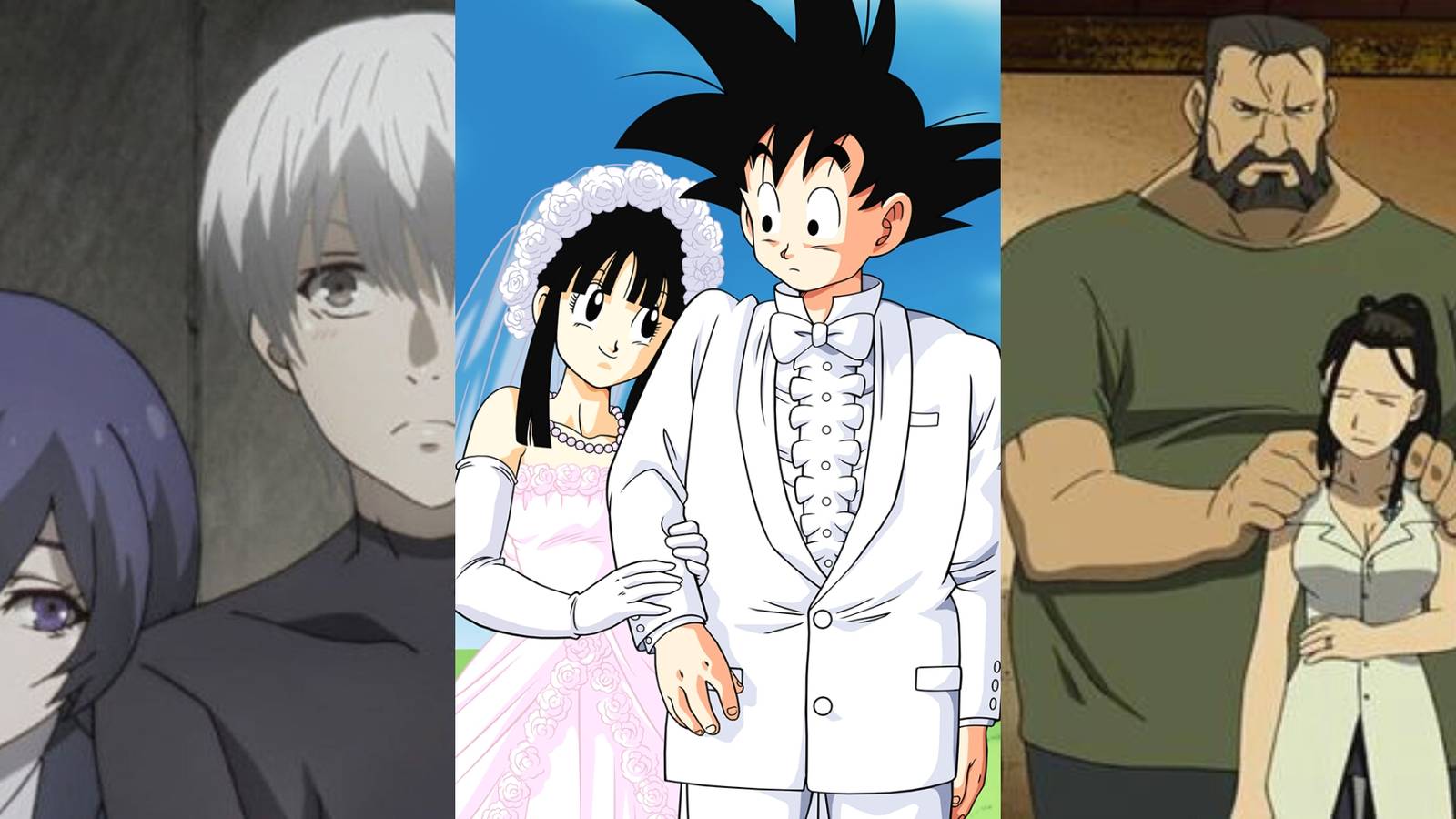 Ken Kaneki & Touka Kirishima in Tokyo Ghoul, Goku & Chichi in Dragon Ball, Izumi & Sig Curtis in Fullmetal Alchemist