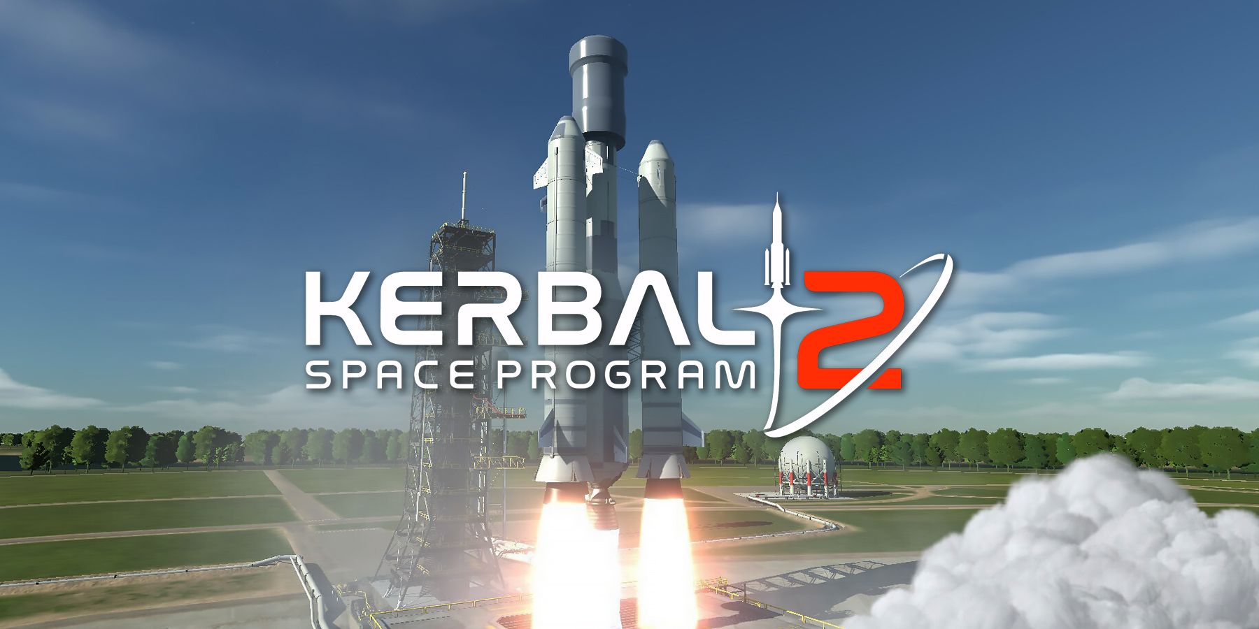 Kerbal Space Program 2 Logo over Rocket Launch screenshot.