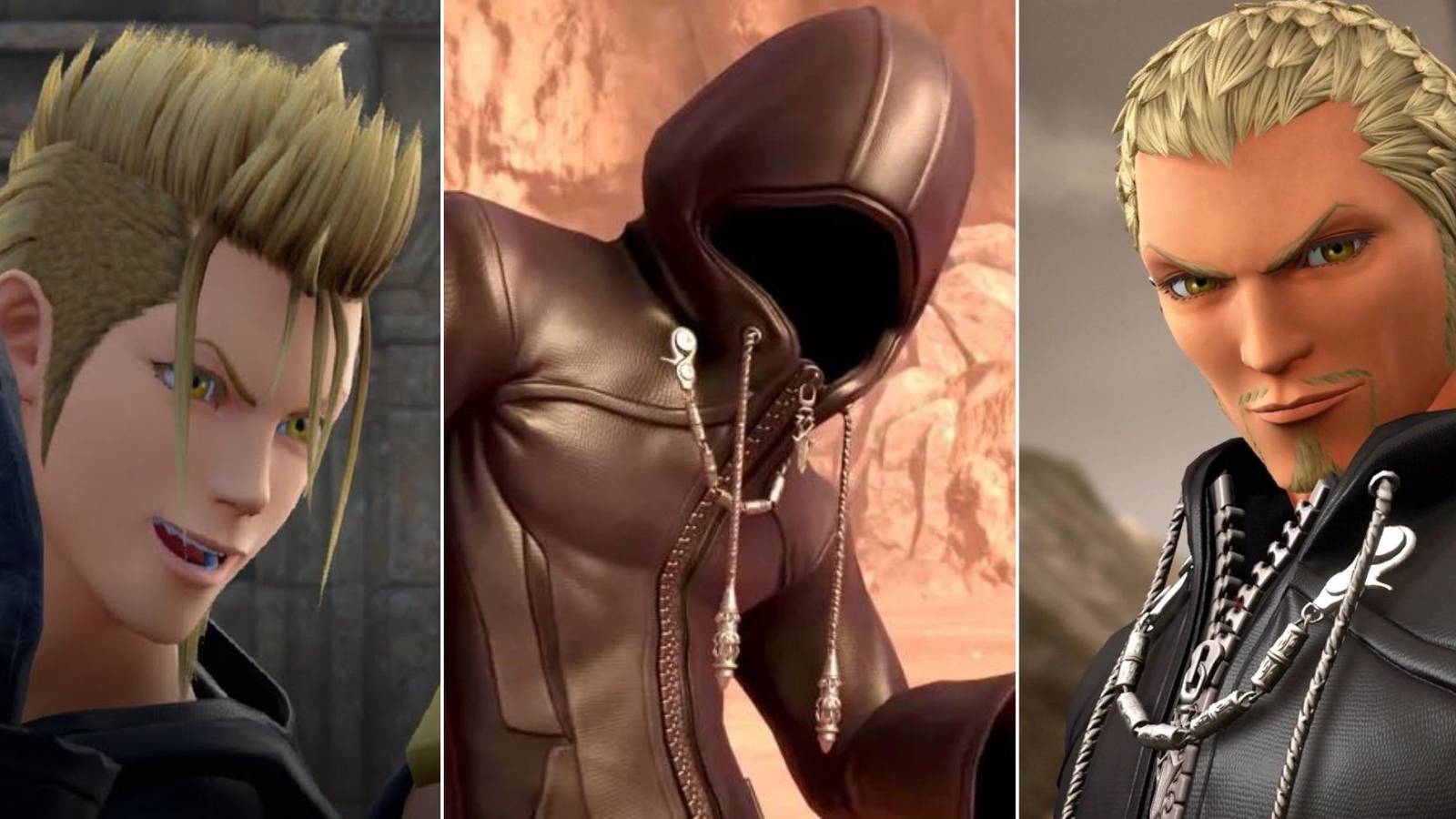 split image of demyx, the master of masters and luxord from kingdom hearts 3