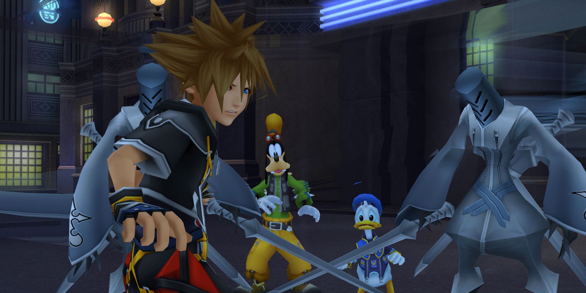 Captura de pantalla de Kingdom Hearts HD 2.5 Remix 2014, sora con donald y goofy durante un encuentro