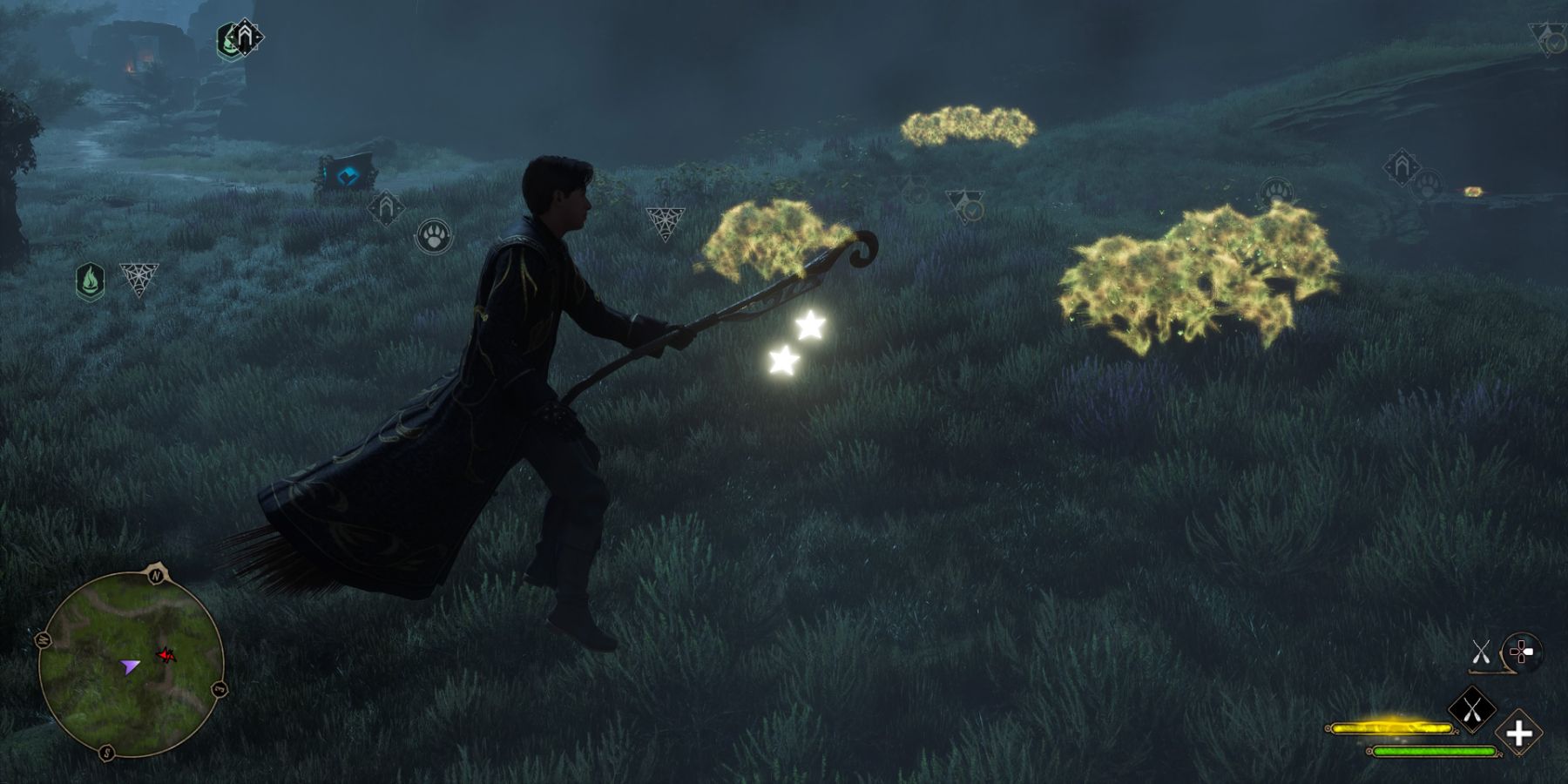 Flying on a broom near Lacewing Flies in Hogwarts Legacy