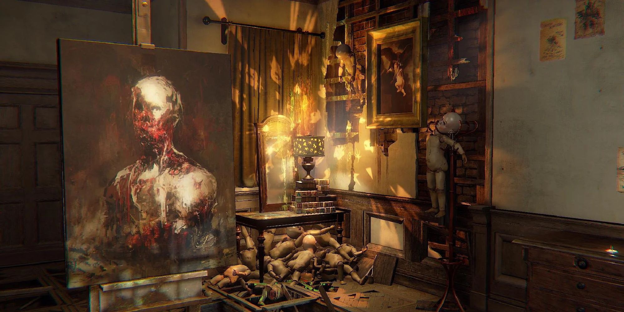 The hub in Layers of Fear, showing a painting of a humanoid like creature and many porcelain dolls in the background.