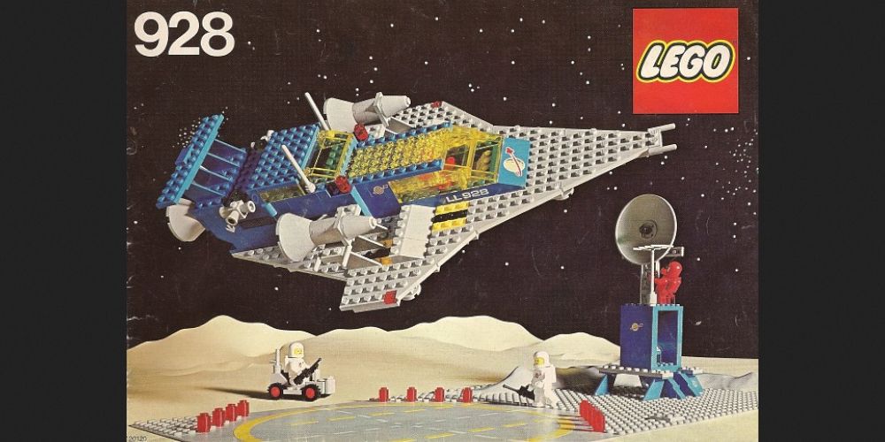 Gray and blue LEGO space shuttle flying over satellite and landing pad on the moon. Image source: brickset.com