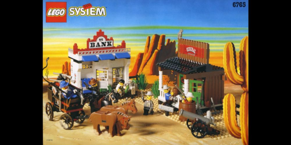 LEGO Western Town with cowboys, a bank, a general store, and a horse-drawn wagon. Image source: Brickset.com