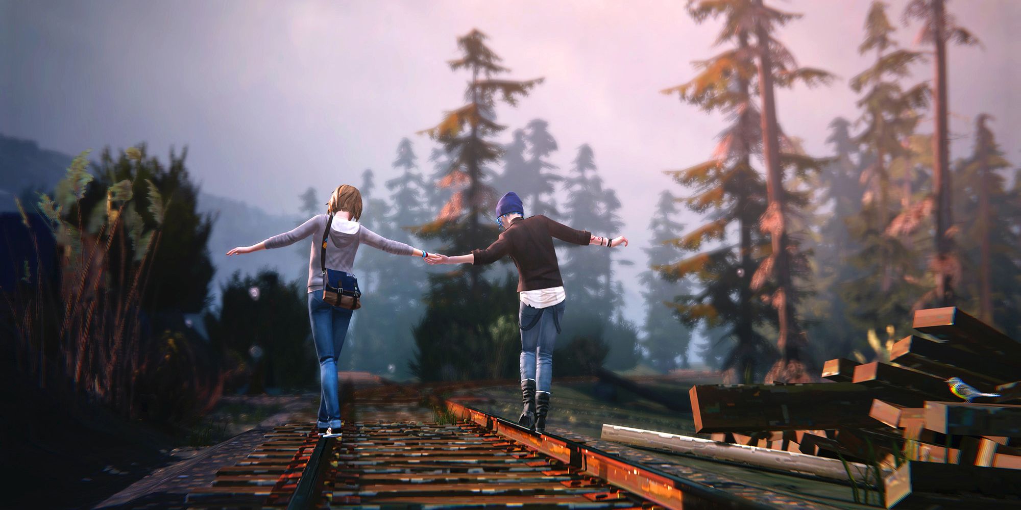 Max and Chloe walk hand in hand across rail road tracks.