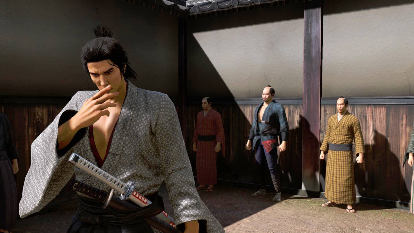Like a Dragon Ishin Ryoma in thought at the Mochi Mystery substory