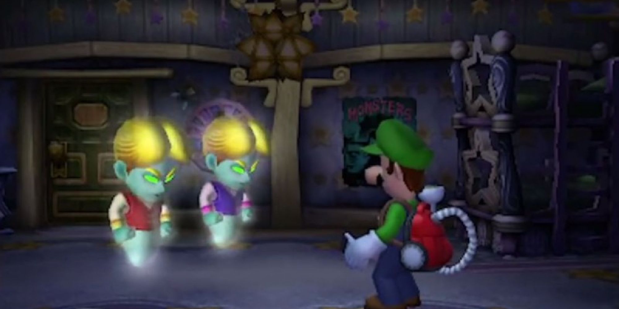 Luigi addressing the ghosts of two surly looking teens. 