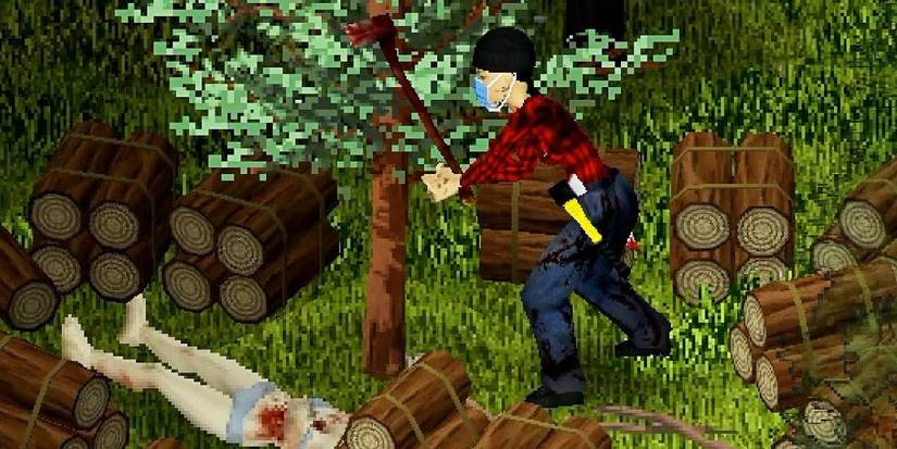 Lumberjack cutting down tree next to a zombie