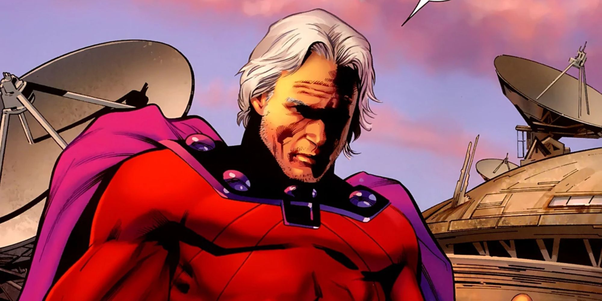 An older Magneto sitting in the comics