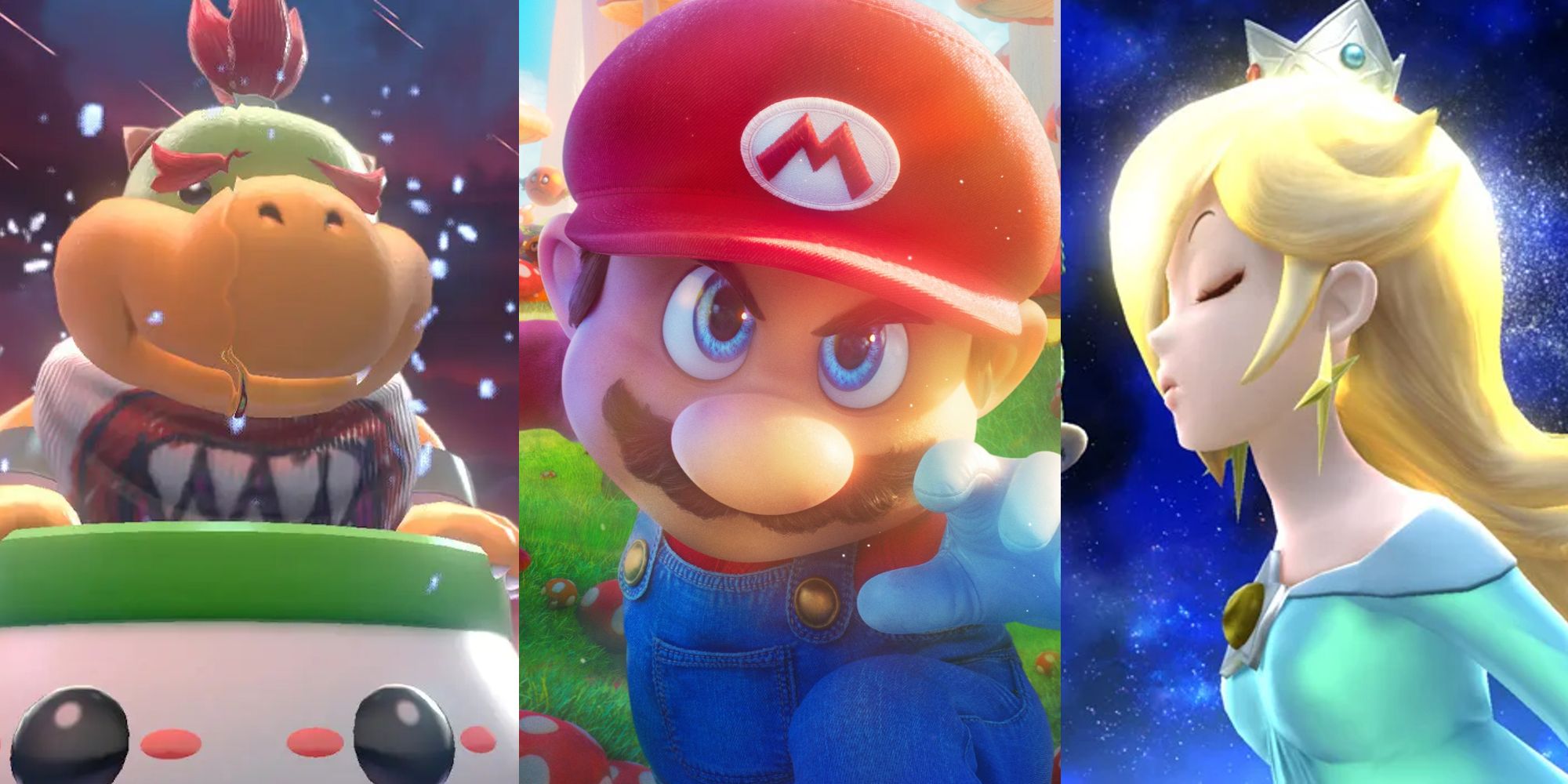 Bowser Jr in Mario 3D World; Mario on a poster for the Mario movie; Rosalina in Smash Bros Ultimate