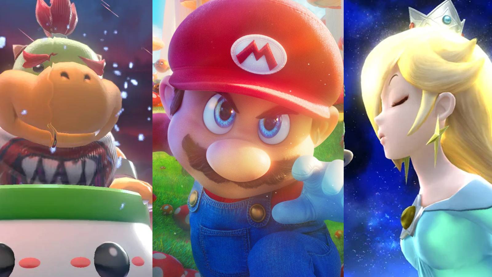 Bowser Jr in Mario 3D World; Mario on a poster for the Mario movie; Rosalina in Smash Bros Ultimate