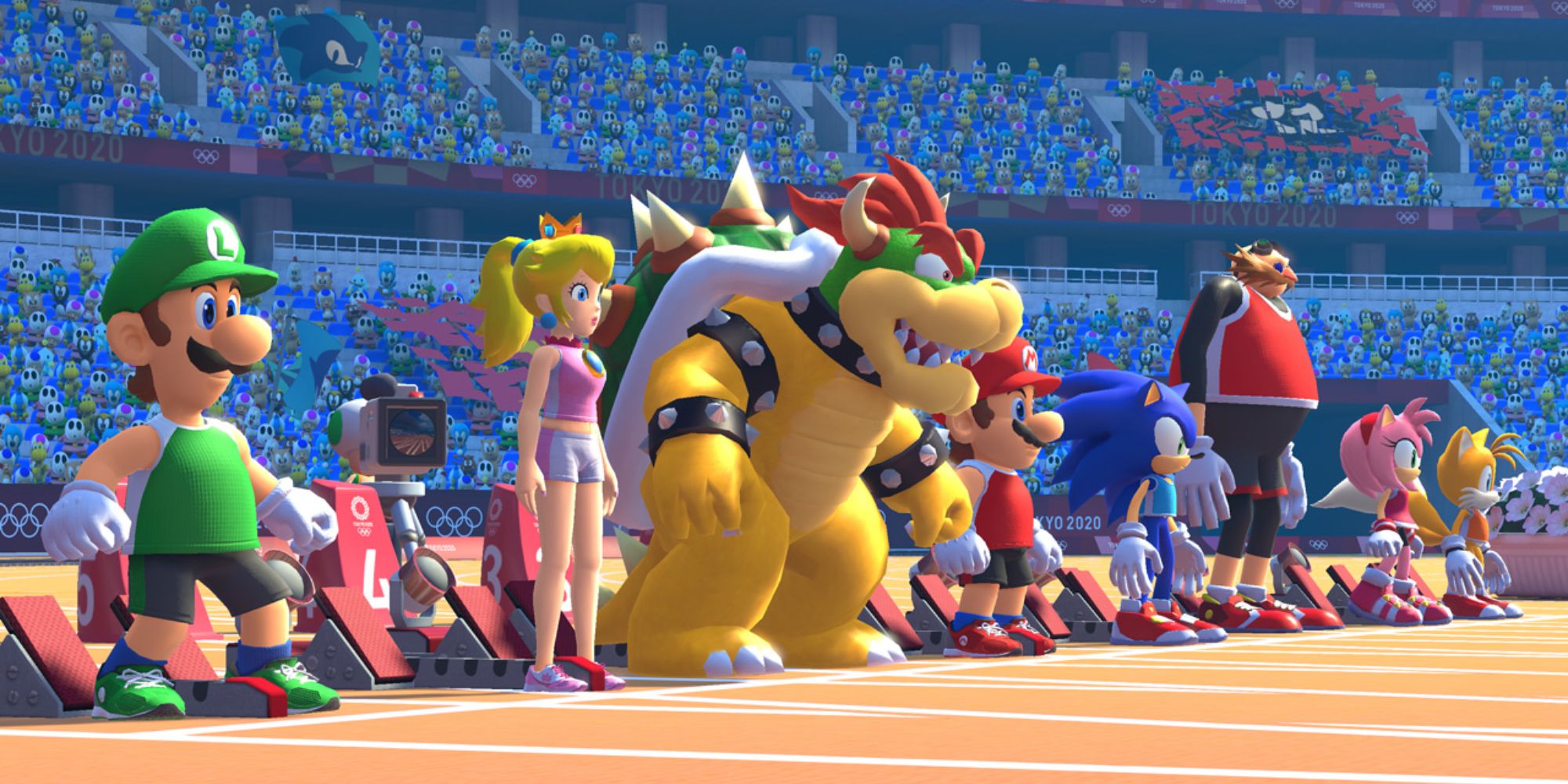 Mario, Sonic, and friends ready for a track run