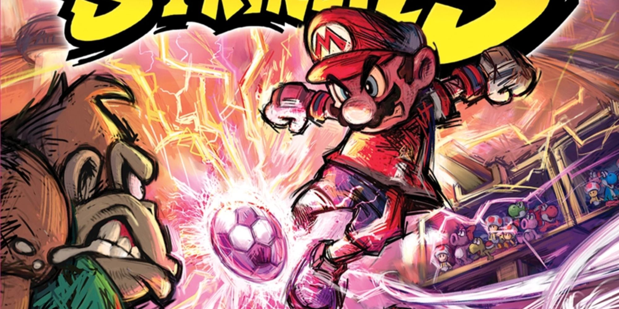Mario kicking a soccer ball at Donkey Kong