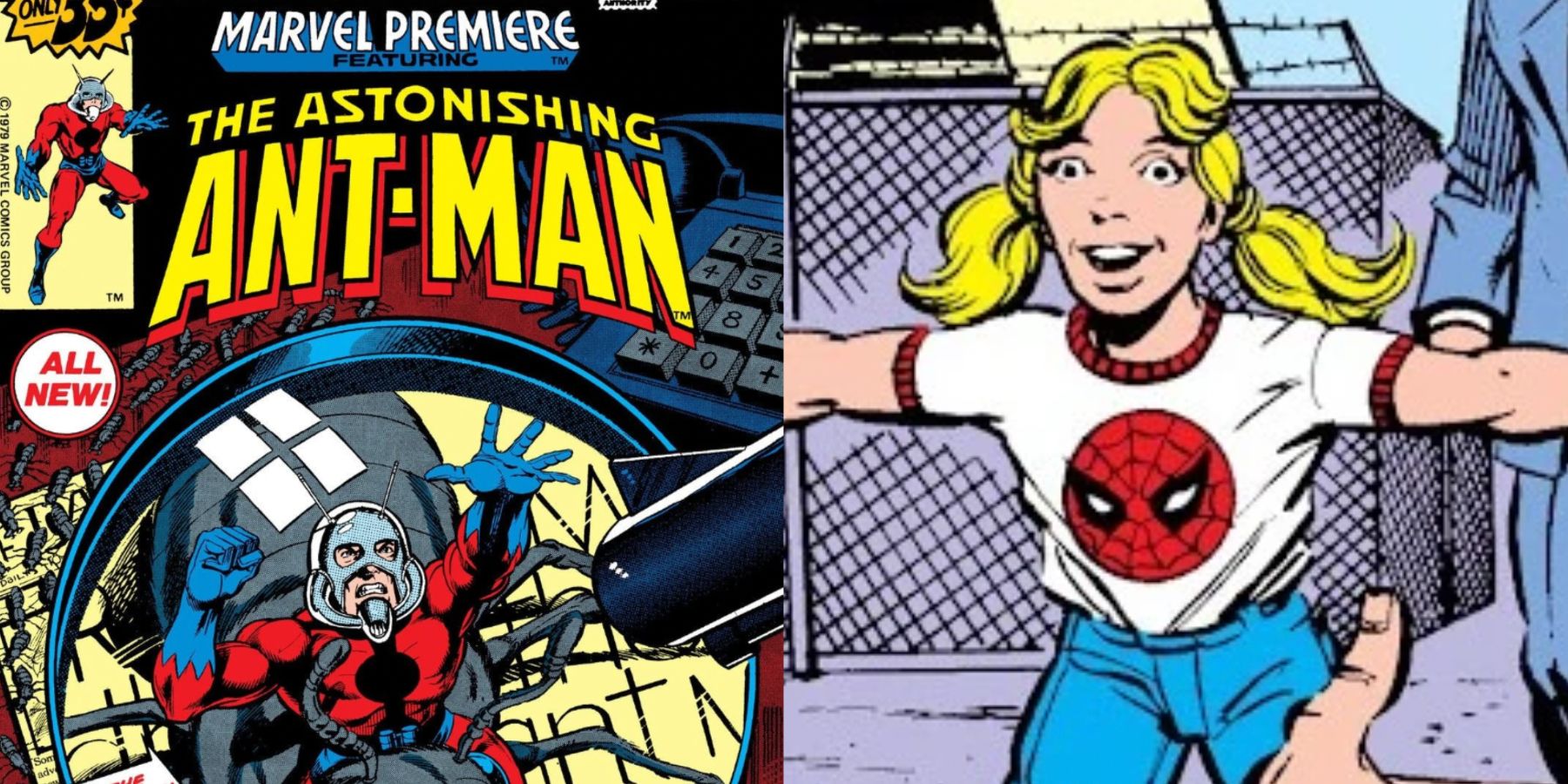 A split image feature the cover of Marvel Premiere to debut Ant-Man alongside the first appearance of Cassie Lang