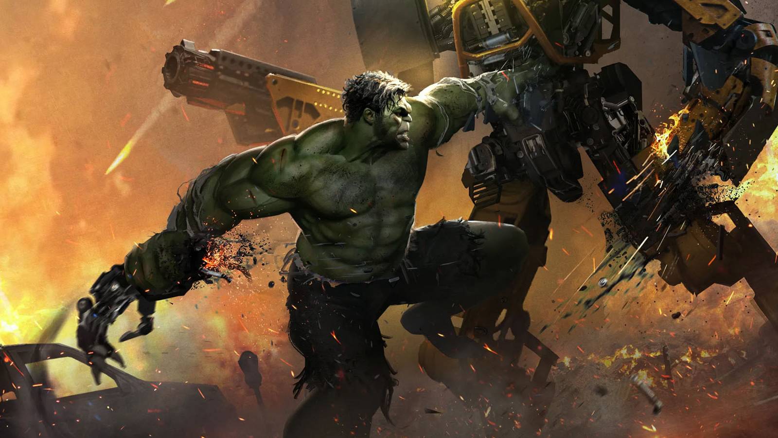 A promotional image for Marvel's Avengers, featuring the Hulk fighting an AIM robot amid flaming wreckage.