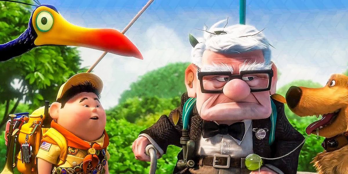 Carl with Russell, Dug and a bird in the movie Up