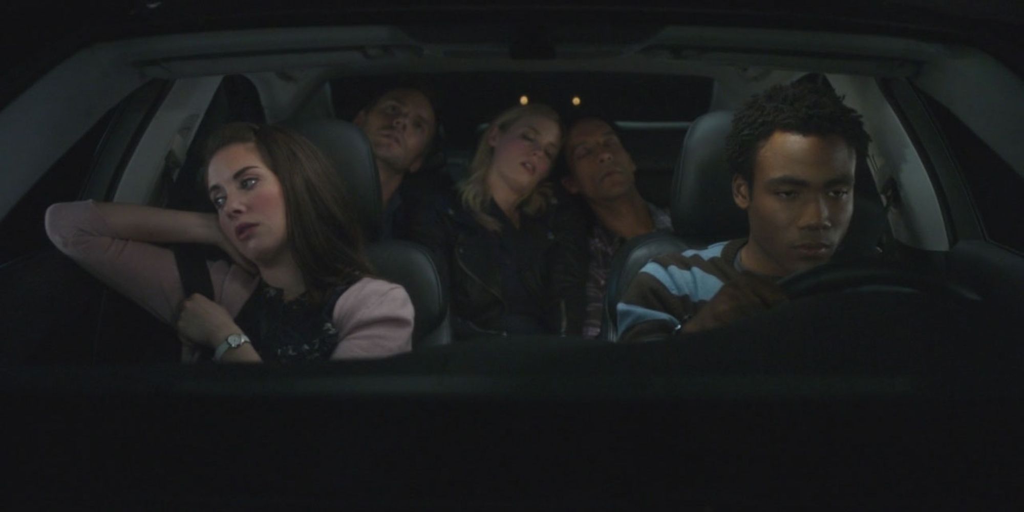 Troy driving Annie, Jeff, Britta, and Abed home