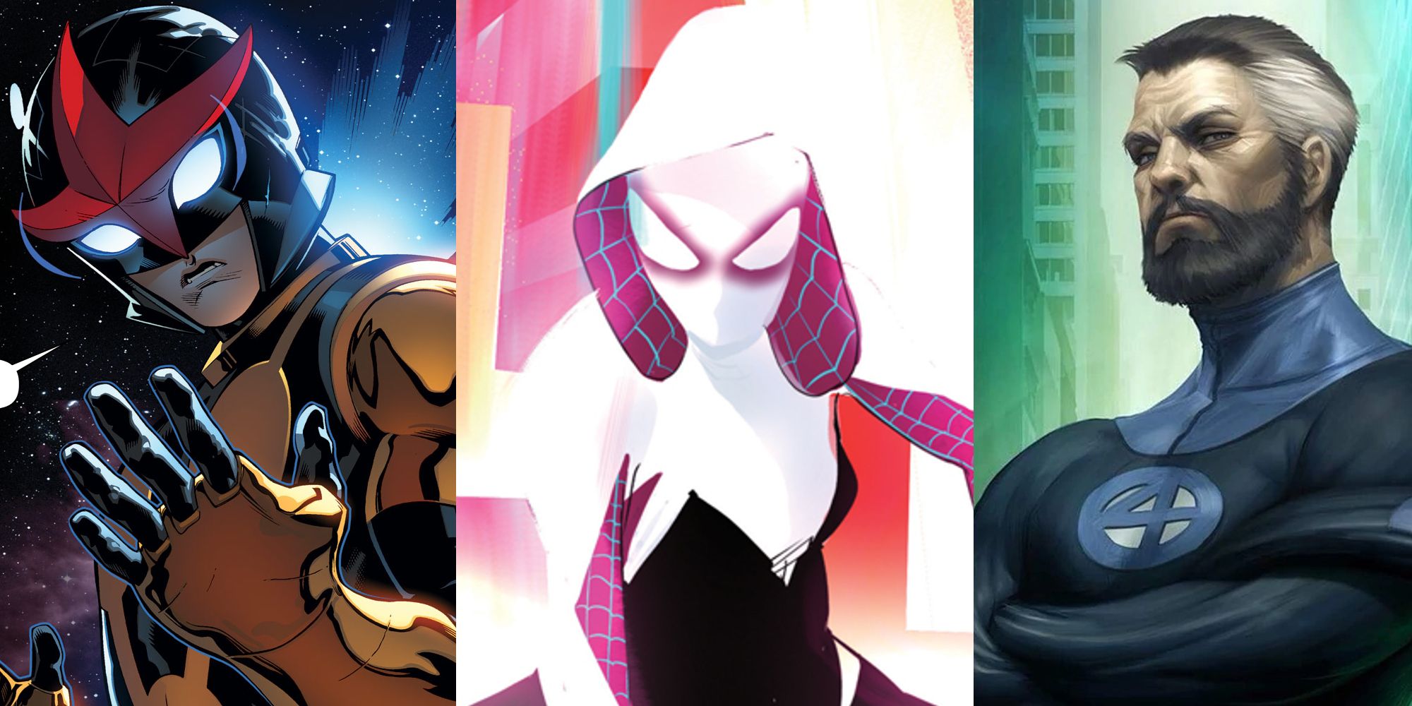 Nova in the comics; Spider-Gwen in the comics; older Reed Richards in the comics