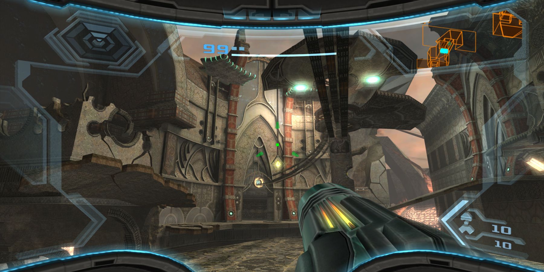 Gameplay from the GameCube game Metroid Prime.