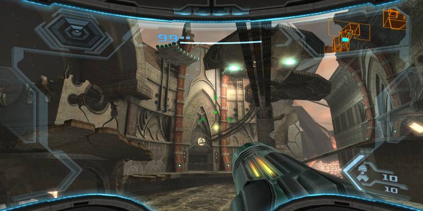 Gameplay from the GameCube game Metroid Prime.