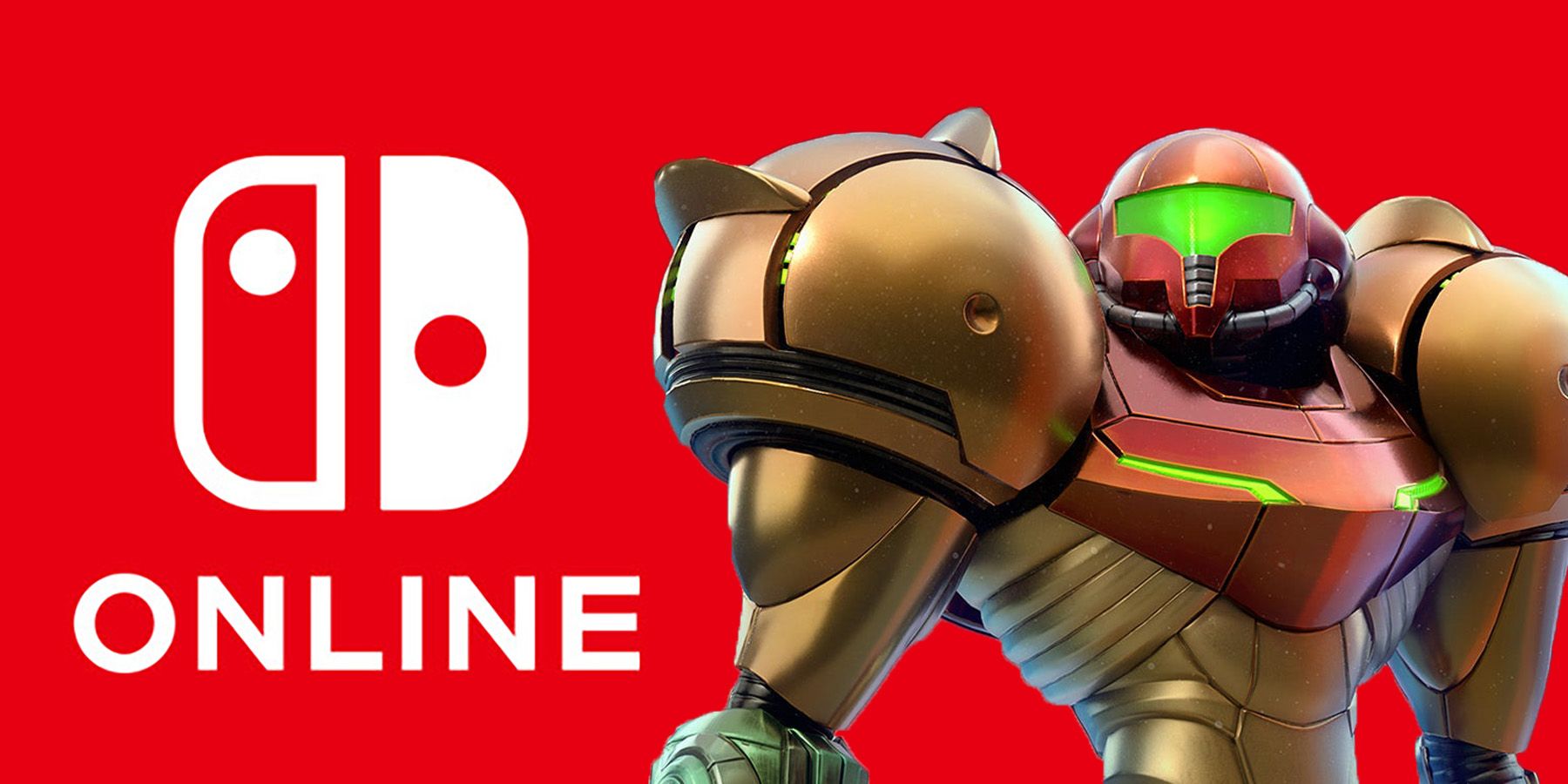 samus from metroid prime remastered standing next to the nintendo switch online logo