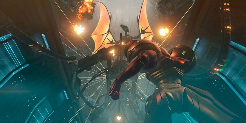 metroid prime remastered still of samus looking up at ridley