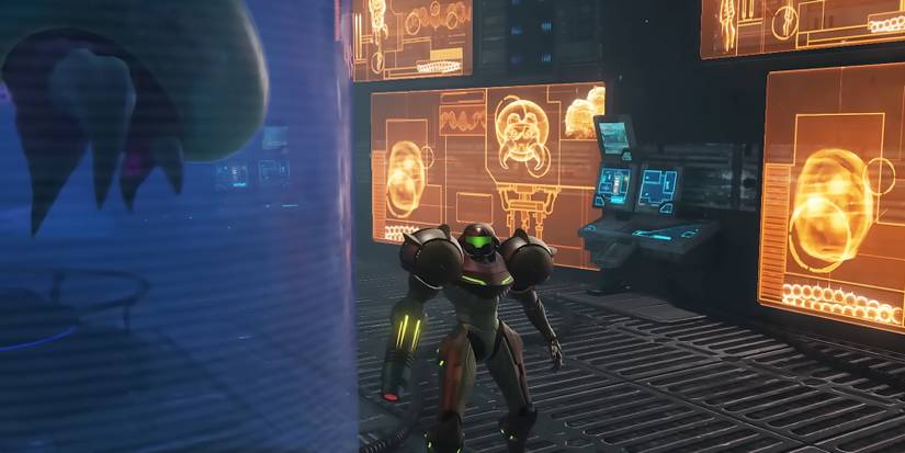 Metroid Prime Remastered screenshot of Samus in a lab.