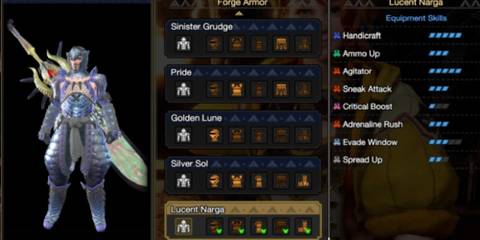 A male hunter wearing Lucent Narga Armor in the armor menu