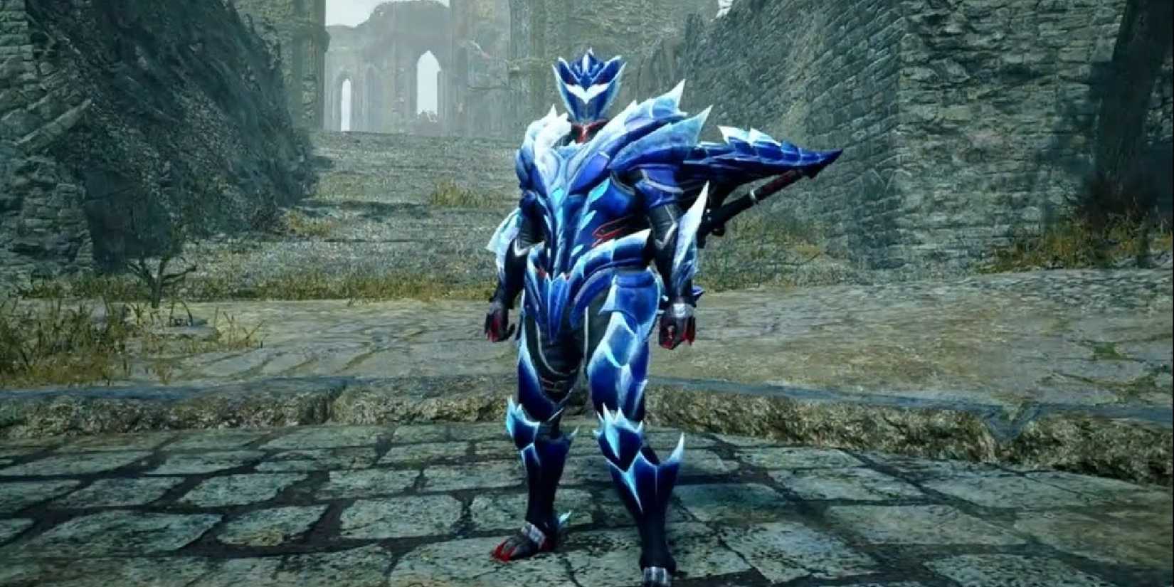 A male hunter wearing Lunagaron armor in a castle